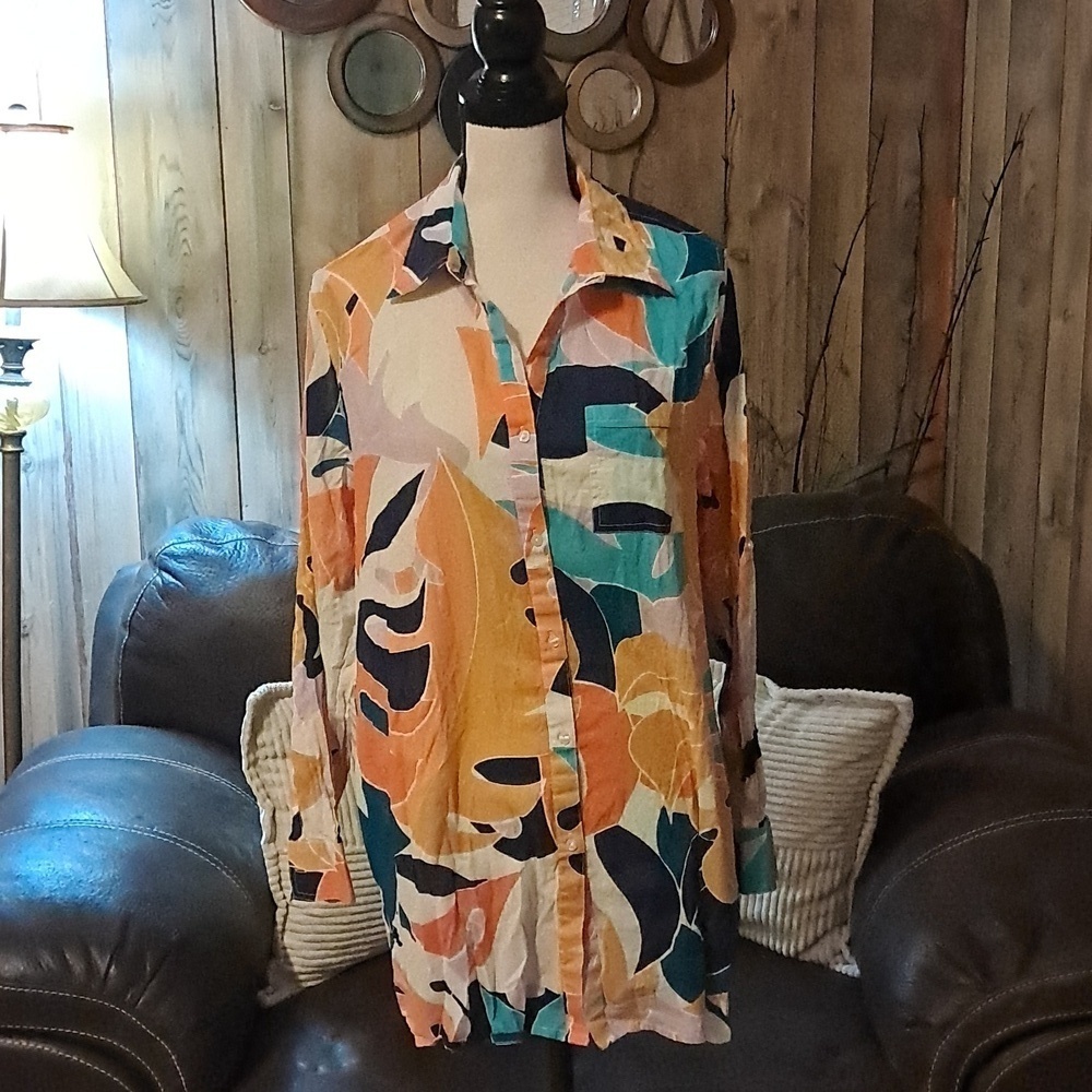 True Destinations Colorful Geometric Long Sleeve Shirt Cover Up Size L